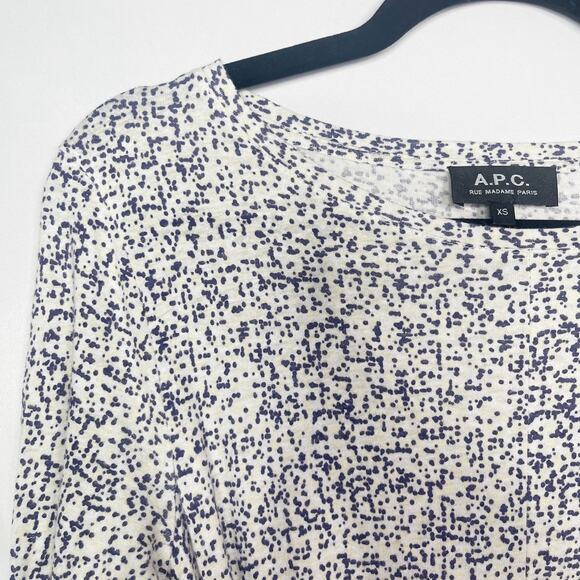 APC Womens XS White Blue Cream Printed Tie Waist Cotton Linen Dress Long Sleeve - Picture 3 of 11